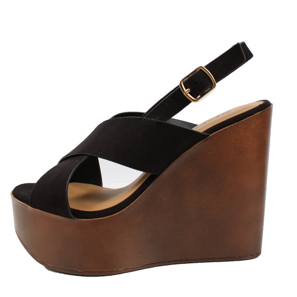 Black Criss Cross Slingback Faux Wooden Wedge - Picture 2 of 8